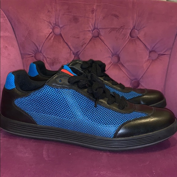 Prada Men’s Blue Perforated Black Leather Sneakers - Picture 7 of 8
